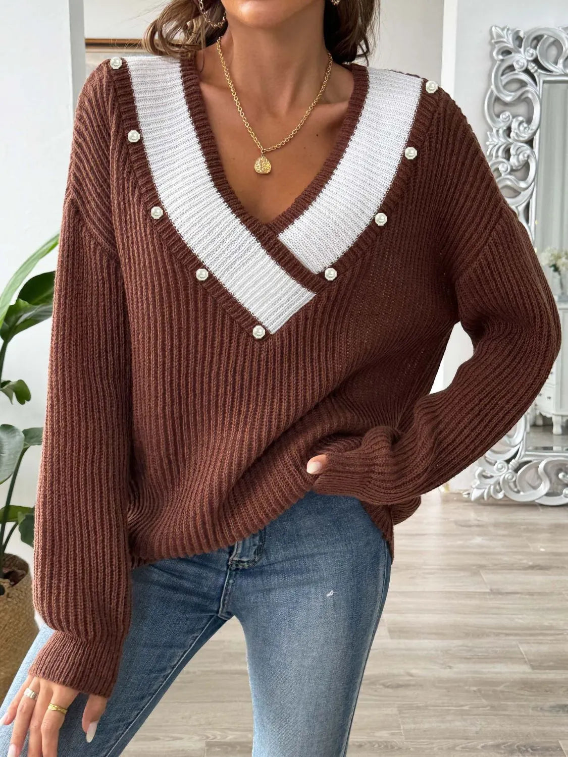 Contrast Trim Dropped Shoulder Long Sleeve Sweater - Wellen Fashion