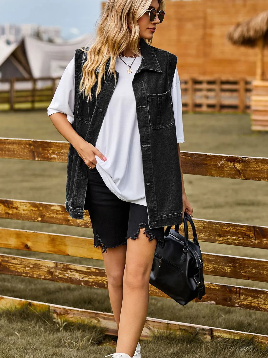 Button Down Denim Vest - Wellen Fashion