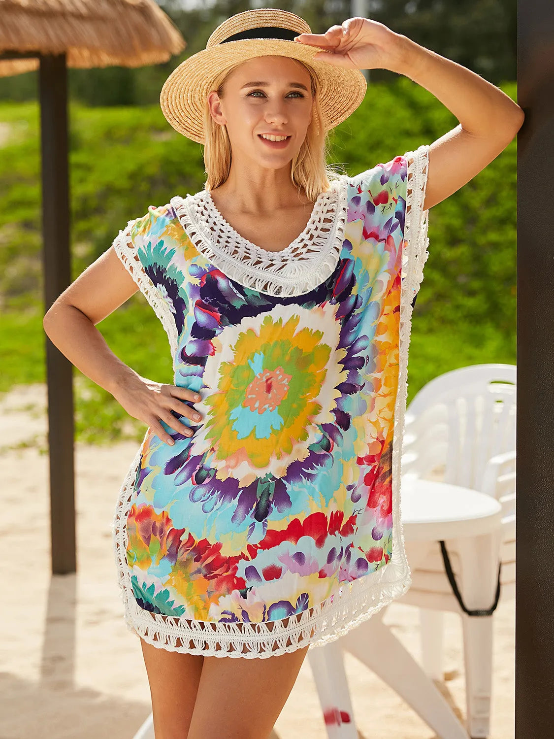 Openwork Printed Round Neck Cover Up - Wellen Fashion