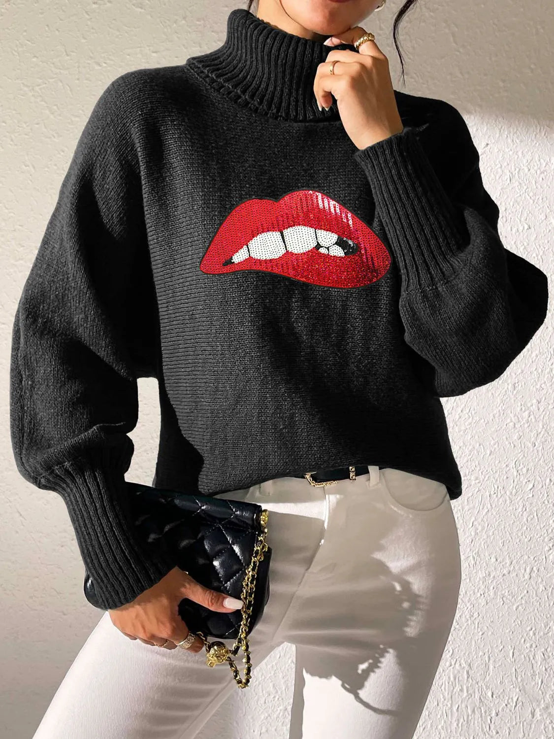 Lip Turtleneck Long Sleeve Sweater - Wellen Fashion