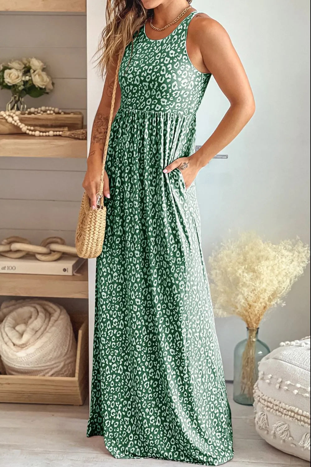 Leopard Round Neck Sleeveless Maxi Dress - Wellen Fashion