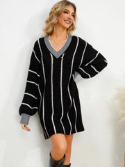 Striped V-Neck Long Sleeve Mini Dress - Wellen Fashion