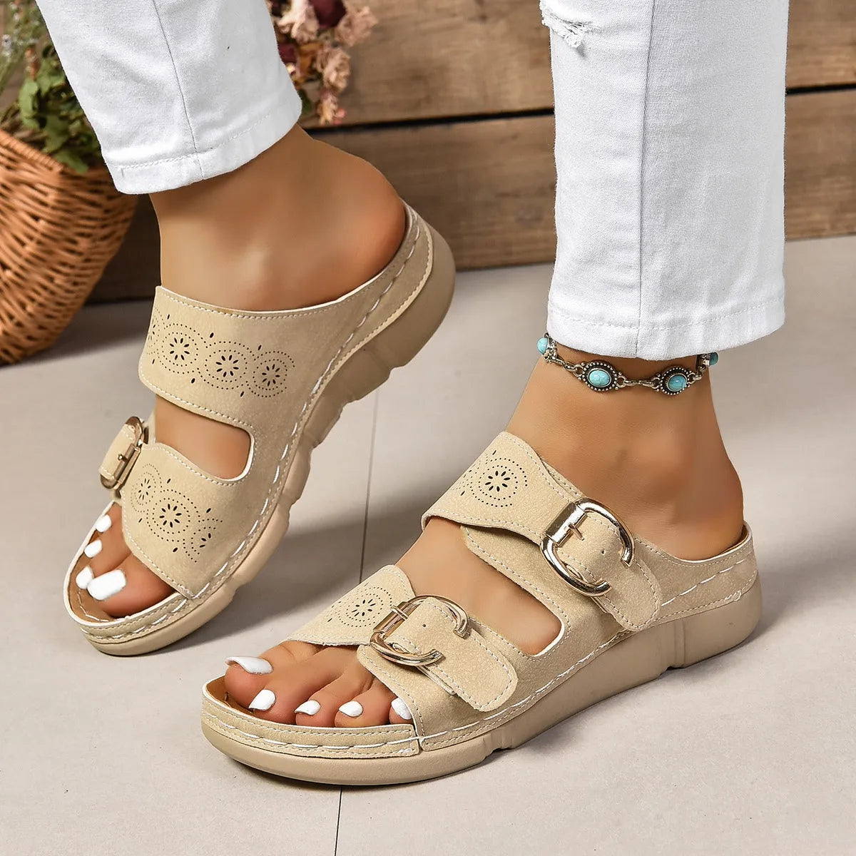 PU Leather Open Toe Buckle Sandals - Wellen Fashion