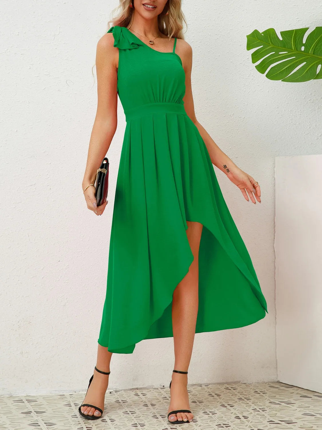 Bow Asymmetrical Neck Sleeveless Dress - Wellen Fashion