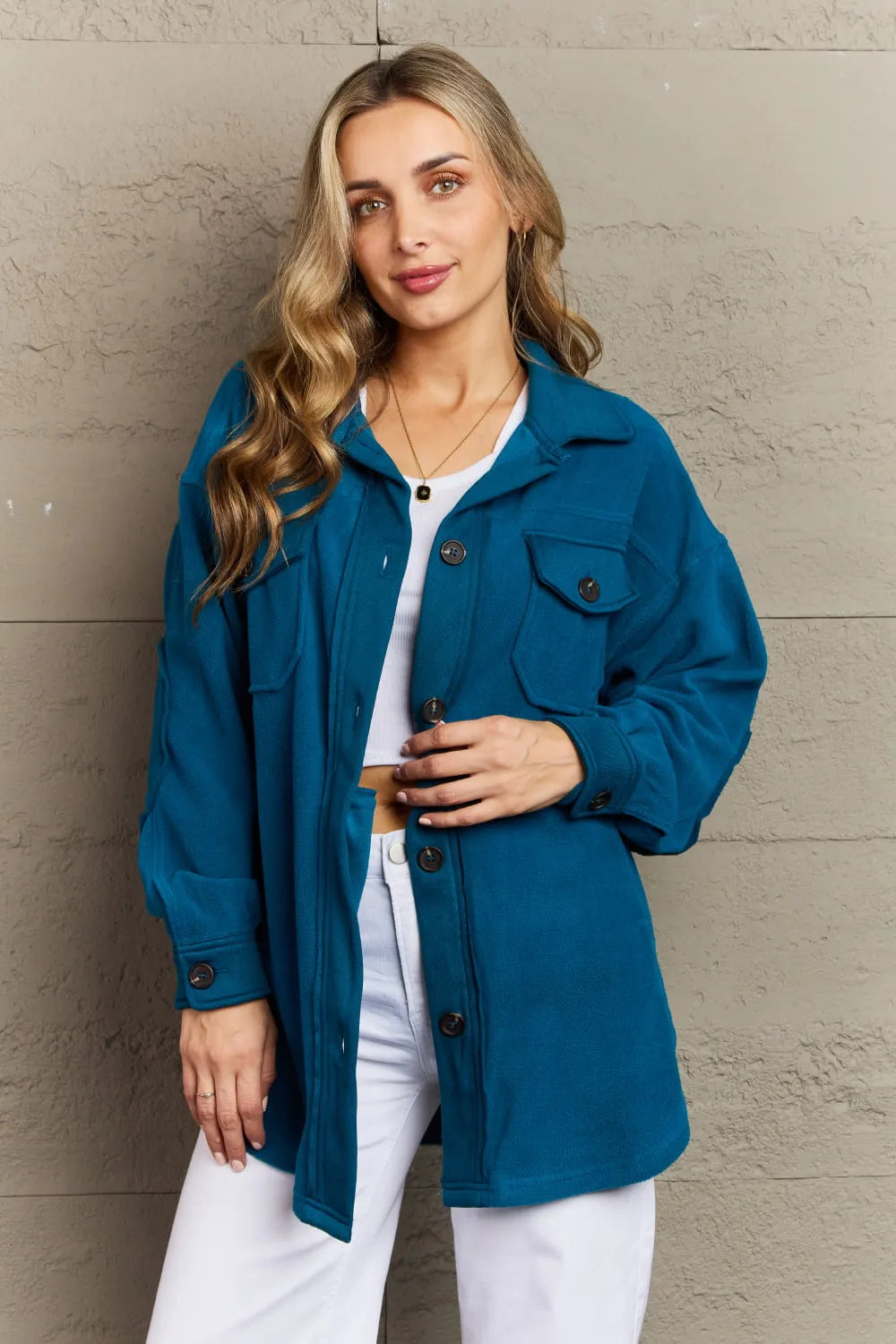 Zenana Cozy in the Cabin Full Size Fleece Elbow Patch Shacket in Teal - Wellen Fashion