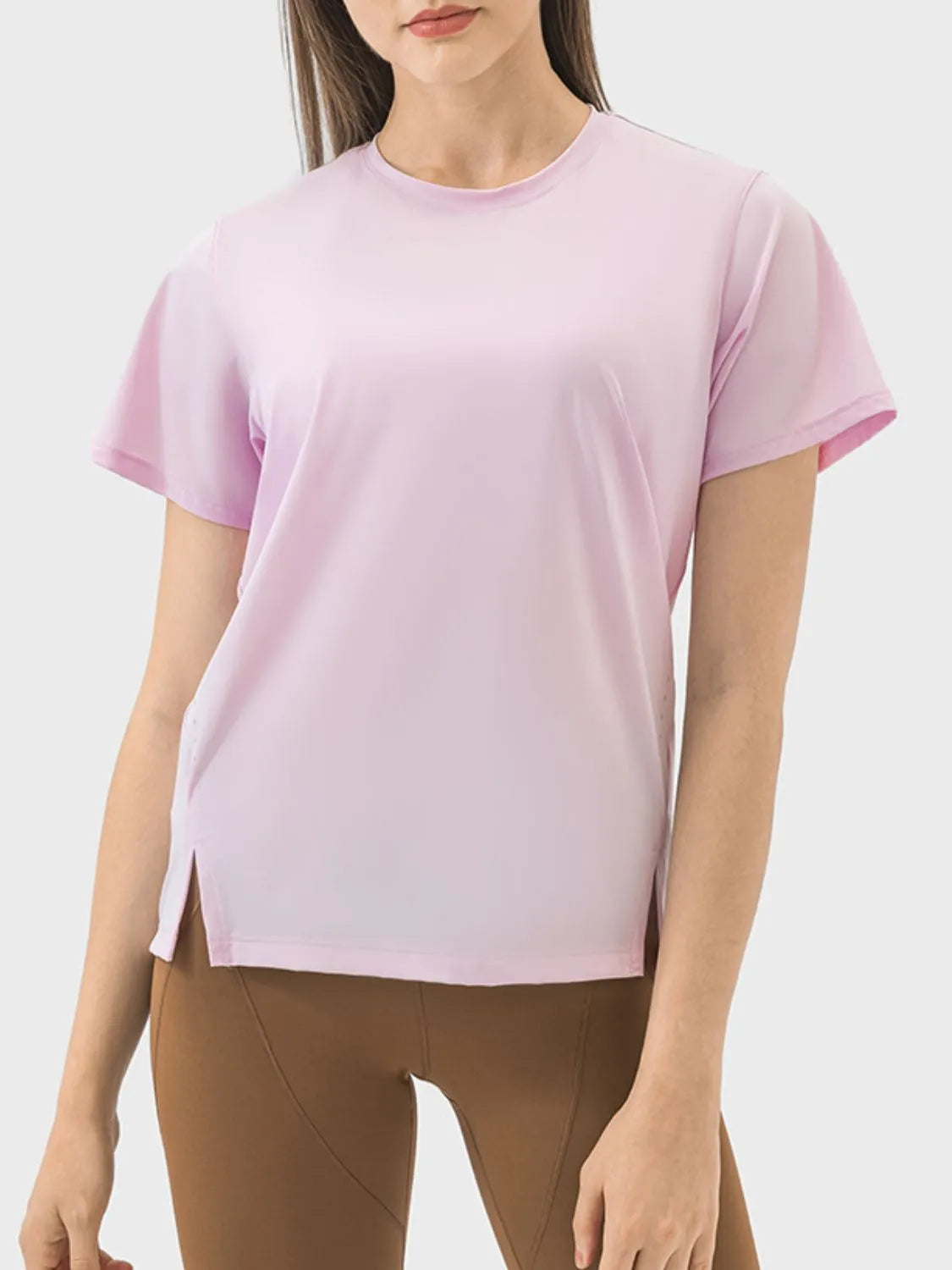 Millennia Slit Round Neck Short Sleeve Active T-Shirt - Wellen Fashion