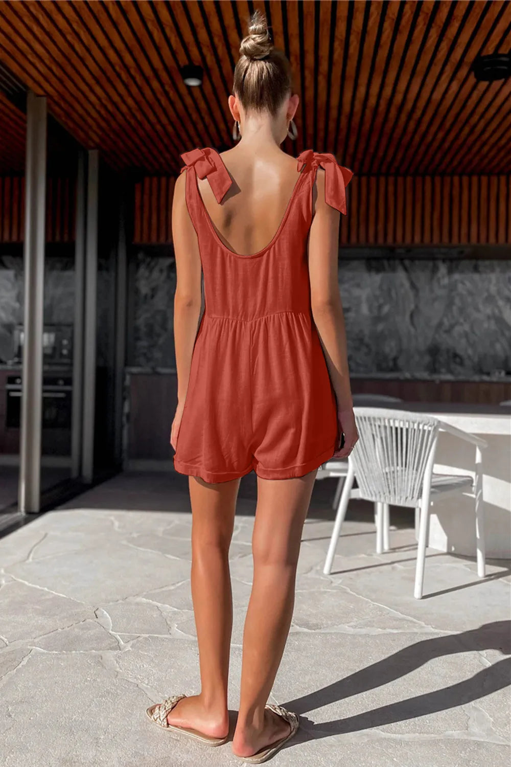 Full Size Scoop Neck Tie Shoulder Romper - Wellen Fashion