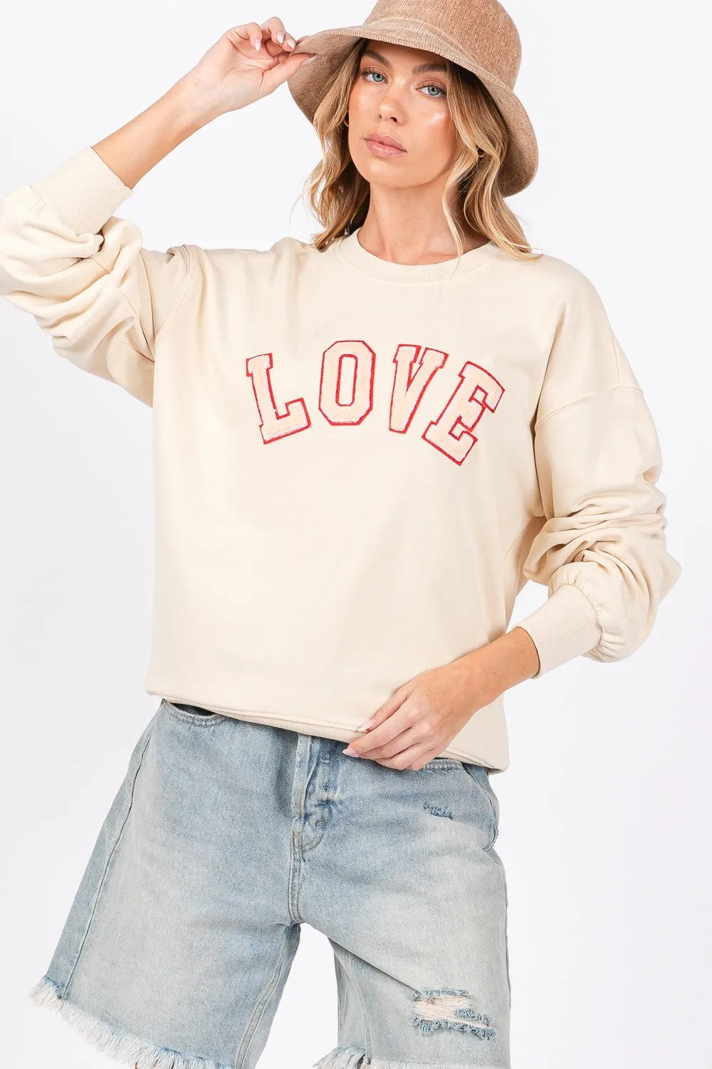 SAGE + FIG LOVE Path Applique Drop Shoulder Sweatshirt - Wellen Fashion