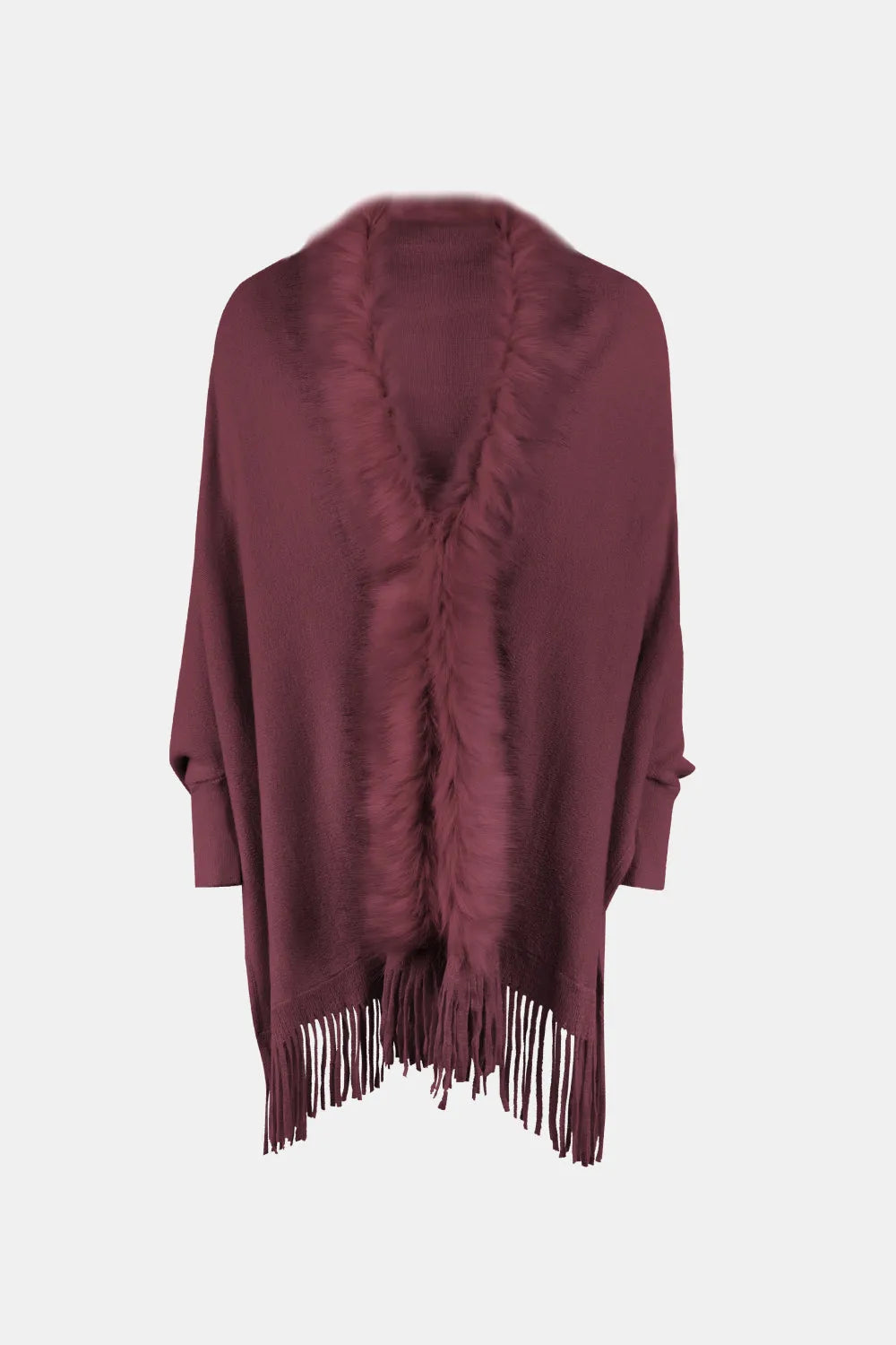 Fringe Open Front Long Sleeve Poncho - Wellen Fashion