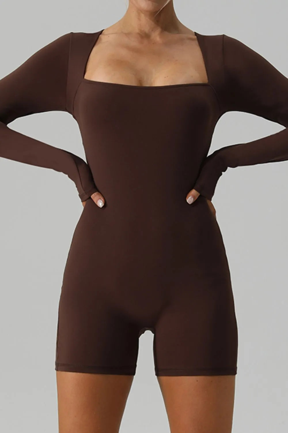 Square Neck Long Sleeve Active Romper - Wellen Fashion