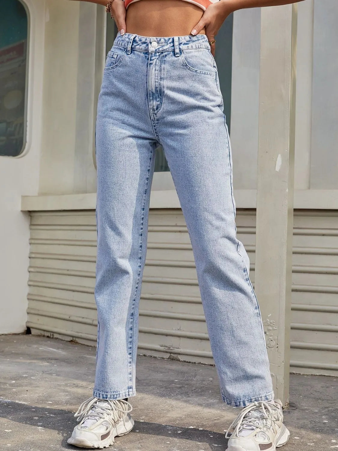 High Waist Straight Jeans with Pockets - Wellen Fashion