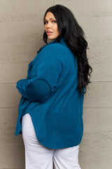 Zenana Cozy in the Cabin Full Size Fleece Elbow Patch Shacket in Teal - Wellen Fashion