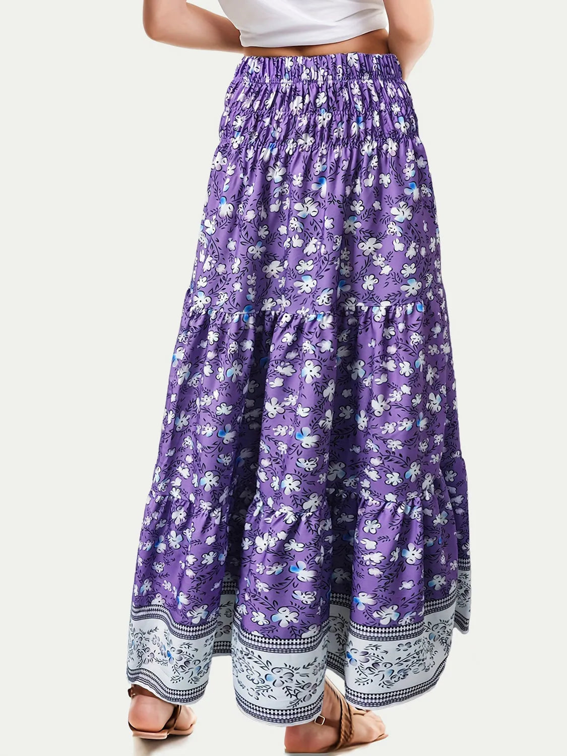 Full Size Tiered Printed Elastic Waist Skirt - Wellen Fashion