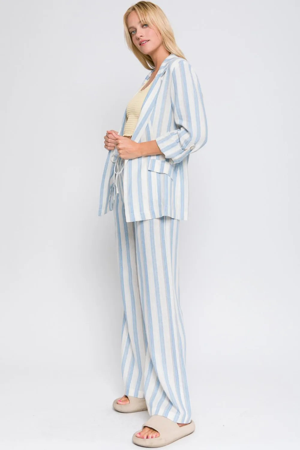 Love Tree Linen Woven Striped Blazer - Wellen Fashion