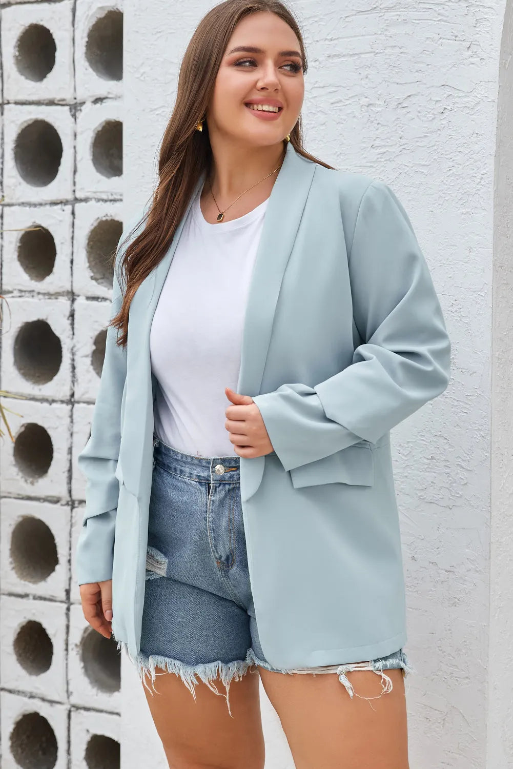 Plus Size Shawl Collar Long Sleeve Blazer - Wellen Fashion