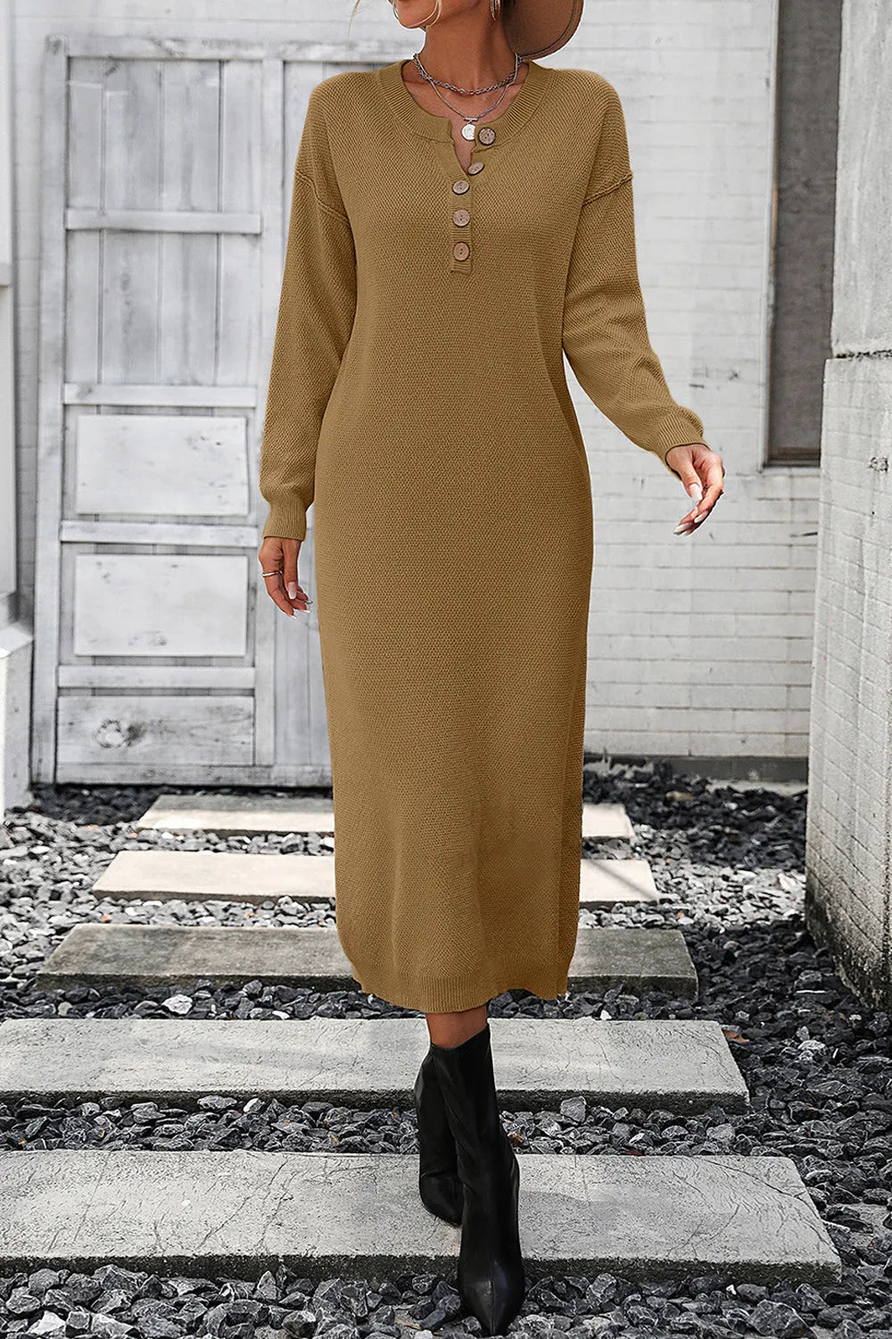 Decorative Button Notched Dropped Shoulder Sweater Dress - Wellen Fashion