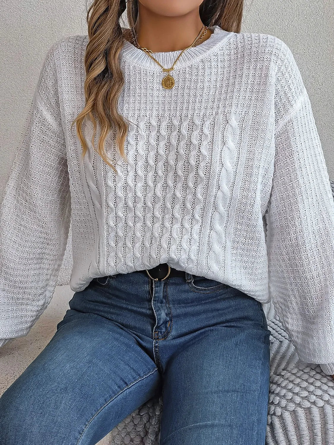 Cable-Knit Round Neck Long Sleeve Sweater - Wellen Fashion