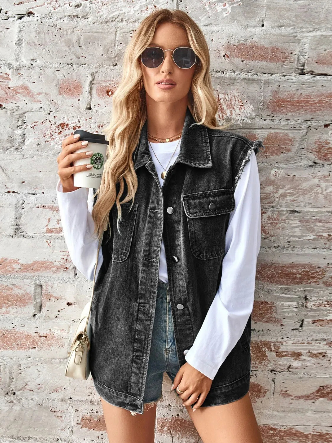 Raw Hem Sleeveless Button Up Denim Jacket - Wellen Fashion