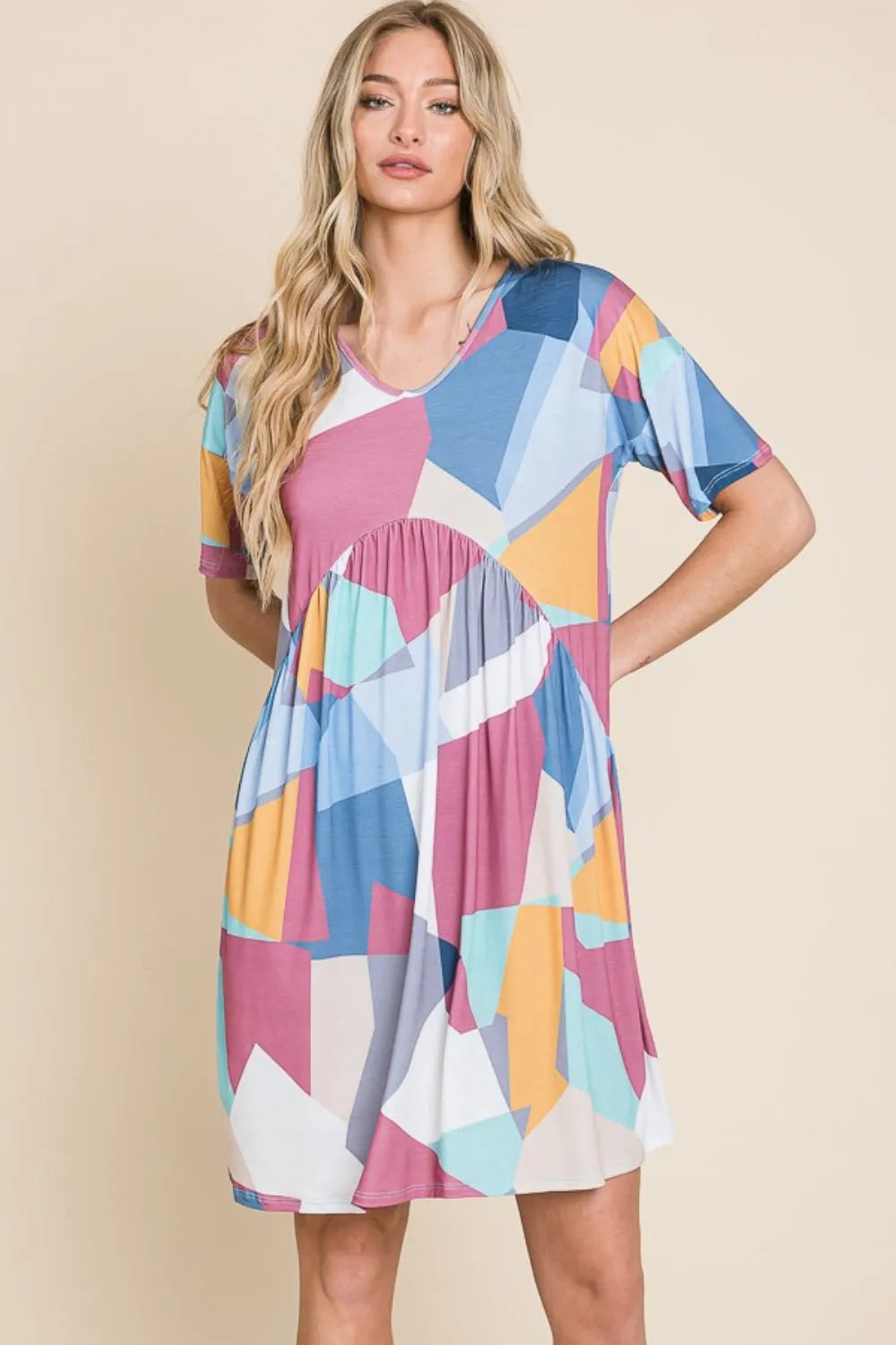 BOMBOM Ruched Color Block Short Sleeve Dress - Wellen Fashion