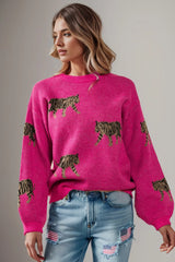 Tiger Pattern Round Neck Drop Shoulder Sweater - Wellen Fashion