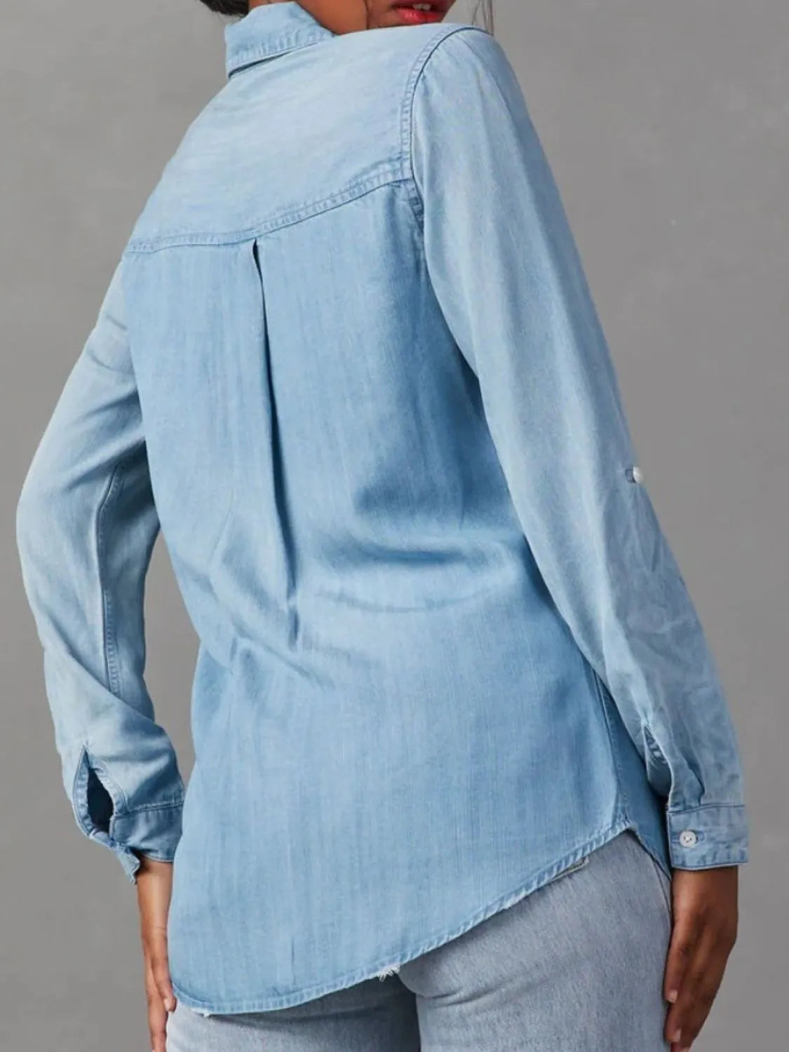 Collared Neck Roll-Tab Sleeve Denim Top - Wellen Fashion