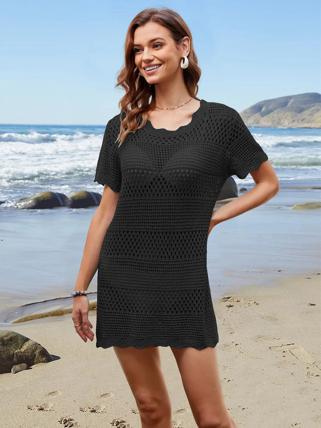 Openwork Round Neck Short Sleeve Cover-UP - Wellen Fashion