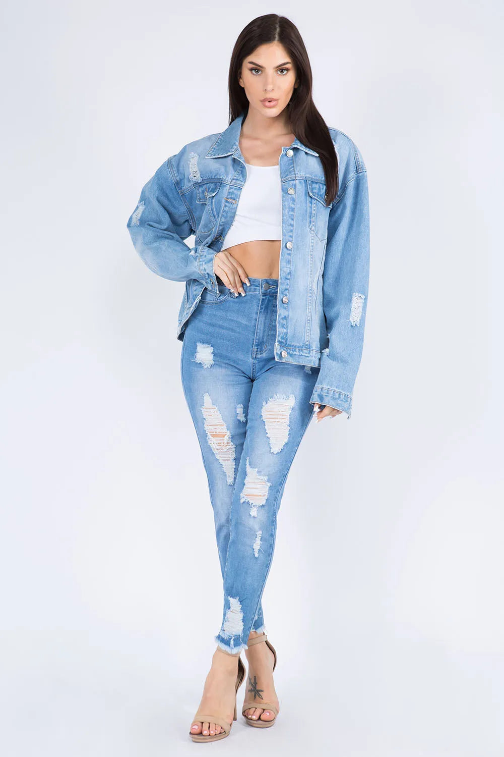 American Bazi Full Size Painted Back Distressed Denim Jacket - Wellen Fashion