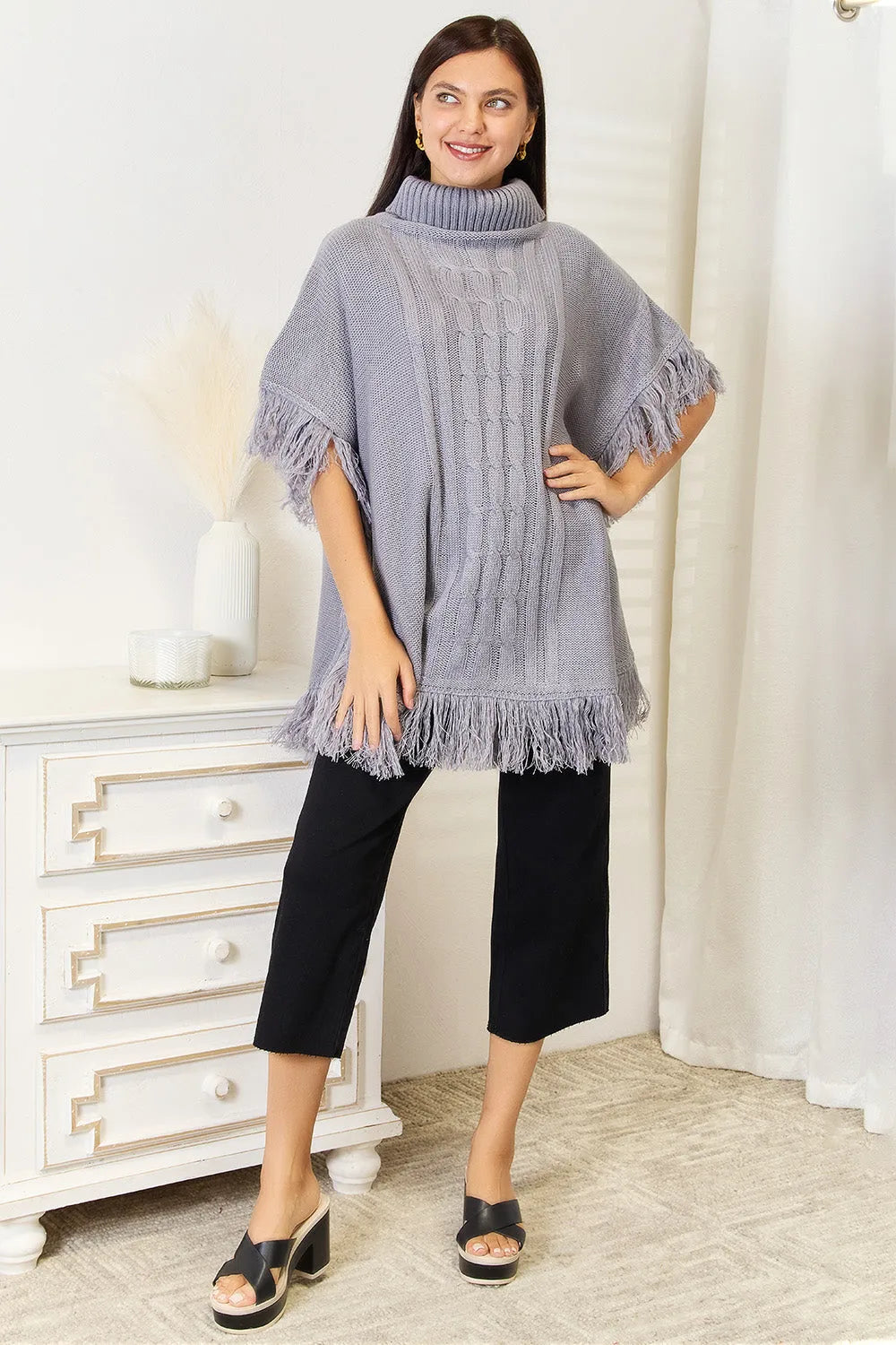 Justin Taylor Turtle Neck Fringe Poncho - Wellen Fashion