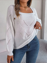 Openwork Buttoned Square Neck Sweater - Wellen Fashion