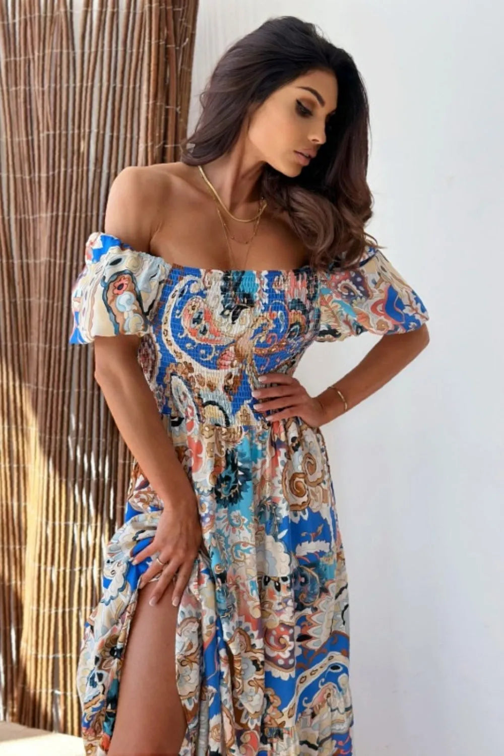 Smocked Printed Short Sleeve Maxi Dress - Wellen Fashion