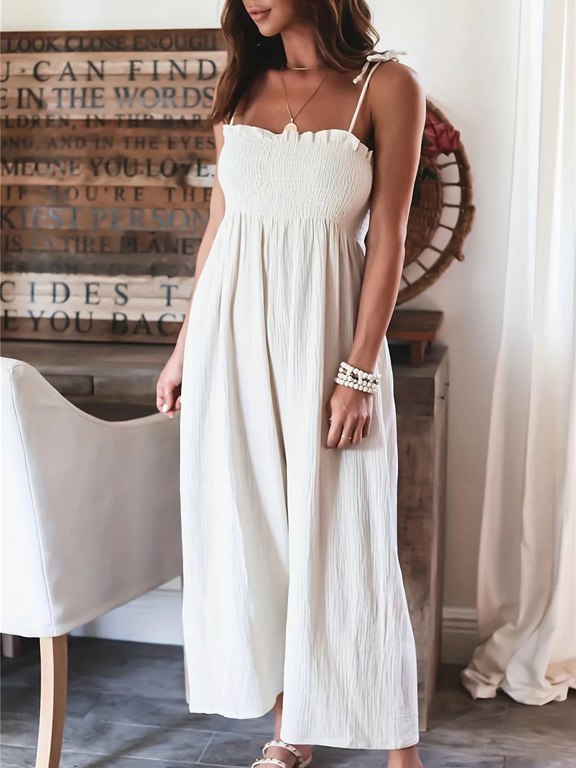 Full Size Smocked Spaghetti Strap Wide Leg Jumpsuit - Wellen Fashion