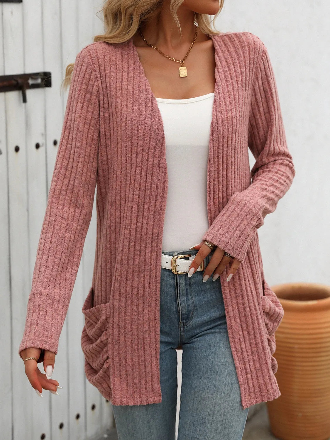 Open Front Long Sleeve Ribbed Cardigan - Wellen Fashion