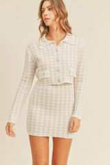 MABLE Houndstooth Cropped Knit Cardigan and Mini Skirt Set - Wellen Fashion