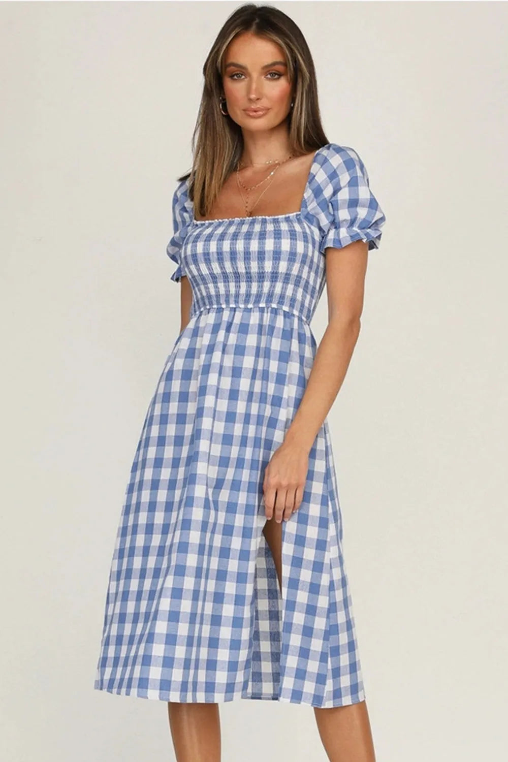 Full Size Slit Plaid Short Sleeve Midi Dress - Wellen Fashion