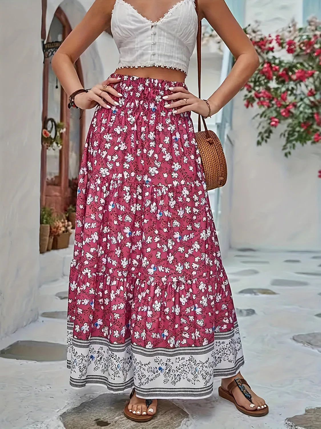 Full Size Tiered Printed Elastic Waist Skirt - Wellen Fashion