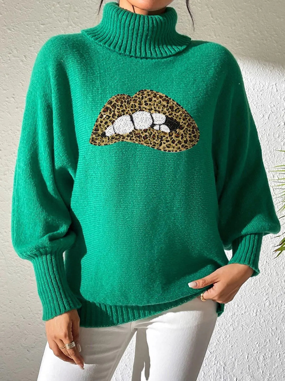 Lip Turtleneck Long Sleeve Sweater - Wellen Fashion