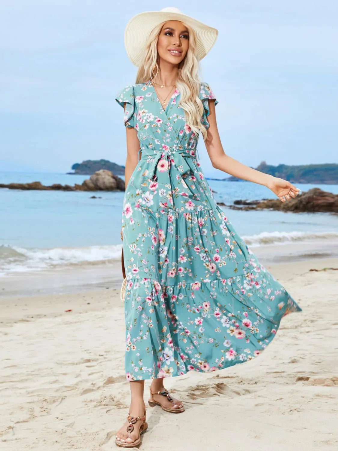 Ruffled Printed Surplice Cap Sleeve Midi Dress - Wellen Fashion