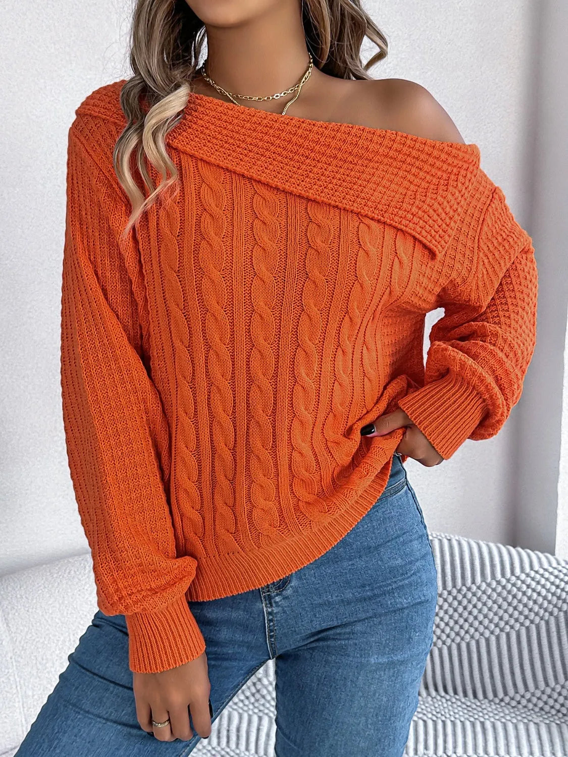 Cable-Knit One Shoulder Long Sleeve Sweater - Wellen Fashion