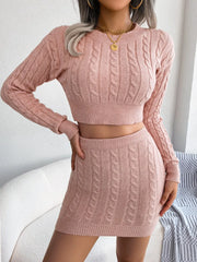 Cable-Knit Round Neck Top and Skirt Sweater Set - Wellen Fashion