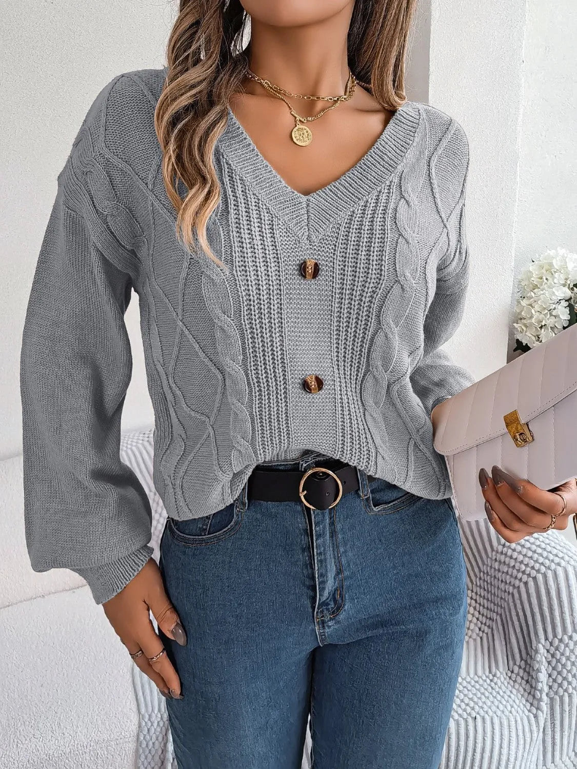 Cable-Knit Buttoned V-Neck Sweater - Wellen Fashion