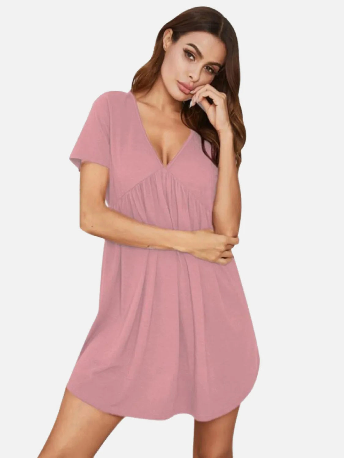 V-Neck Short Sleeve Lounge Dress - Wellen Fashion