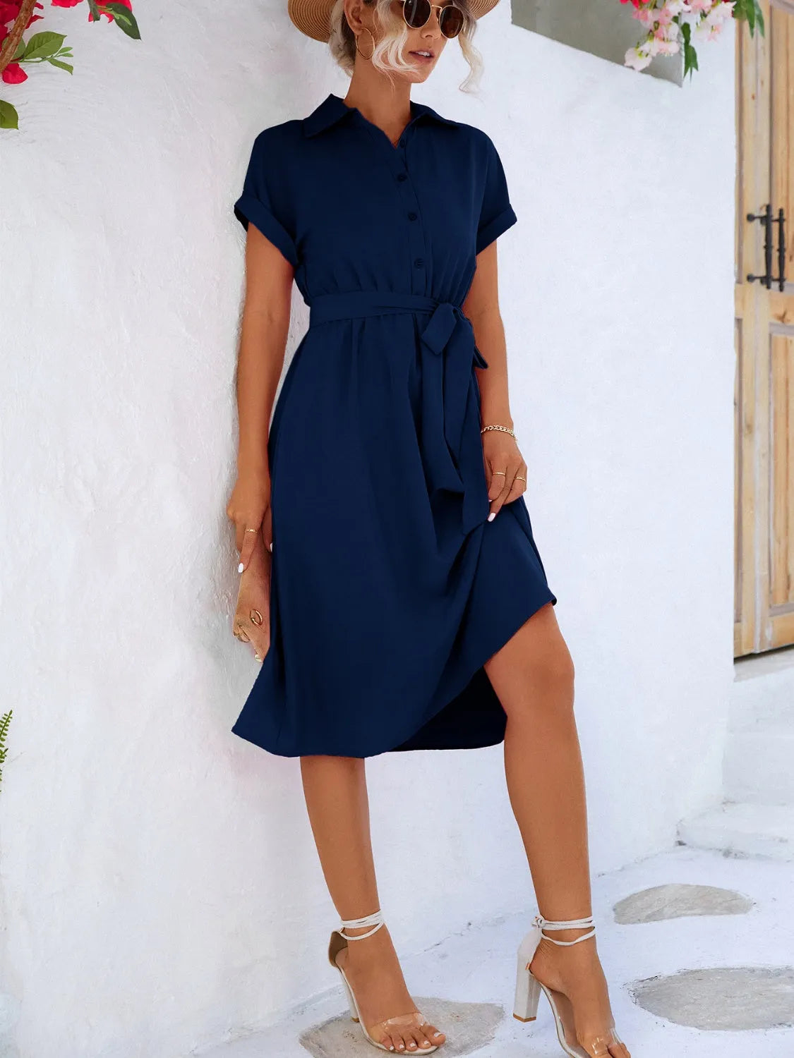 Buttoned Tie Waist Short Sleeve Dress - Wellen Fashion