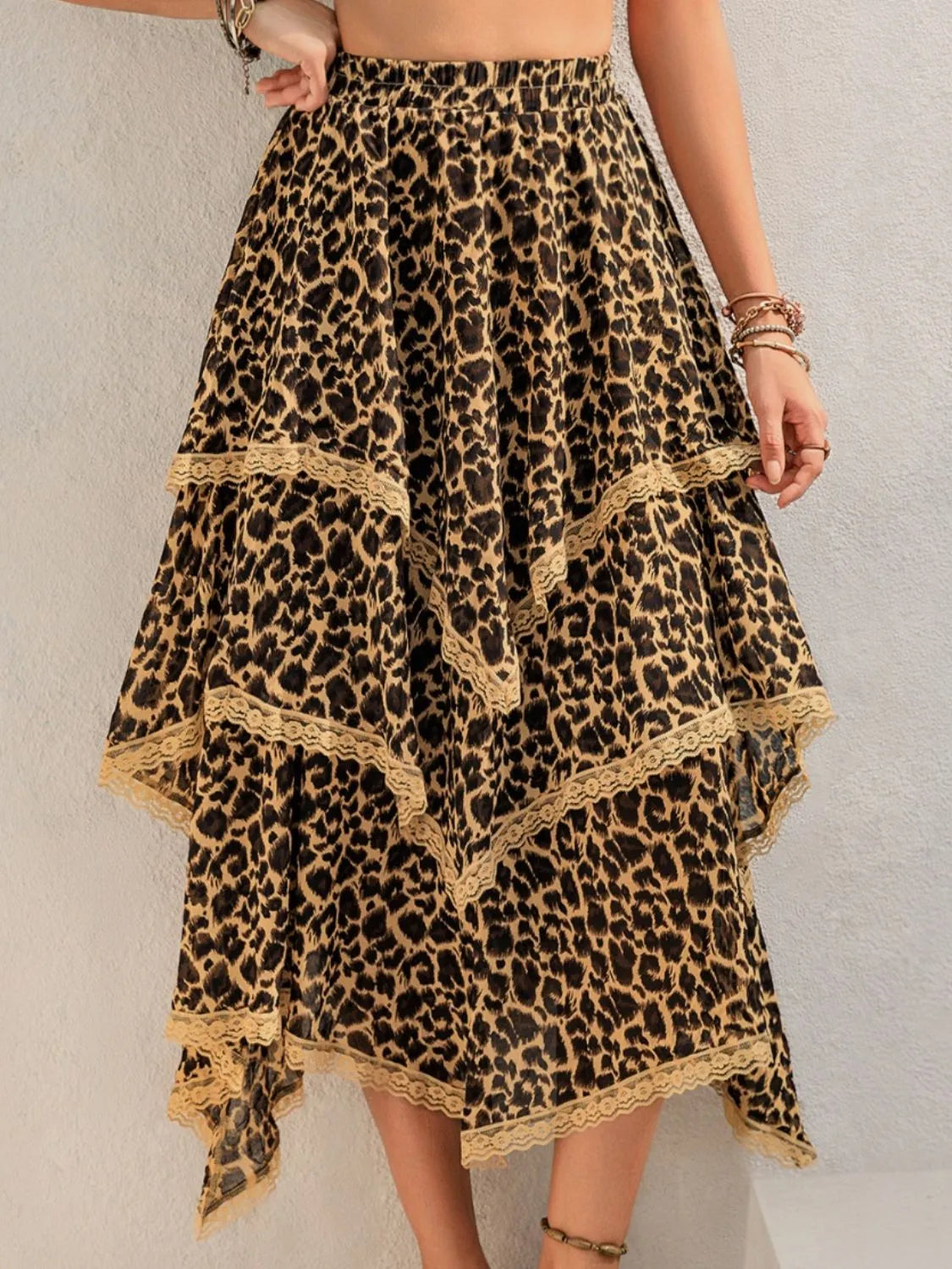 Lace Detail Layered Printed Skirt - Wellen Fashion