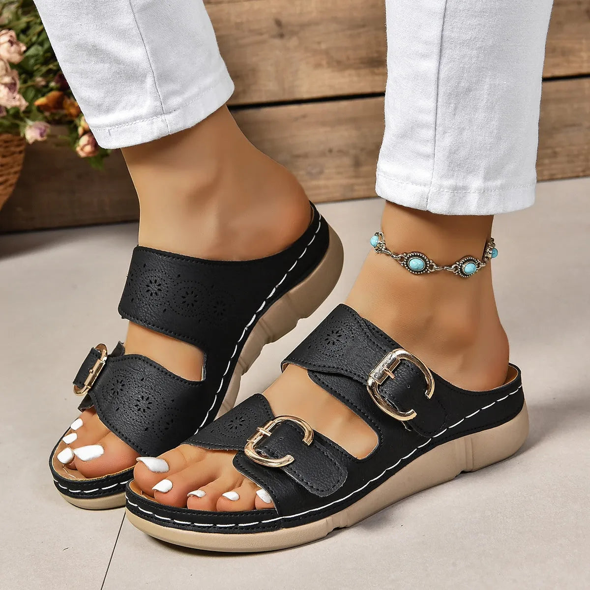 PU Leather Open Toe Buckle Sandals - Wellen Fashion