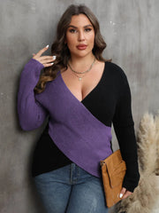 Plus Size Two-Tone Surplice Neck Sweater - Wellen Fashion