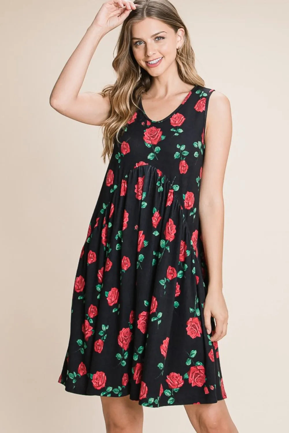 BOMBOM Floral Ruched Tank Dress - Wellen Fashion