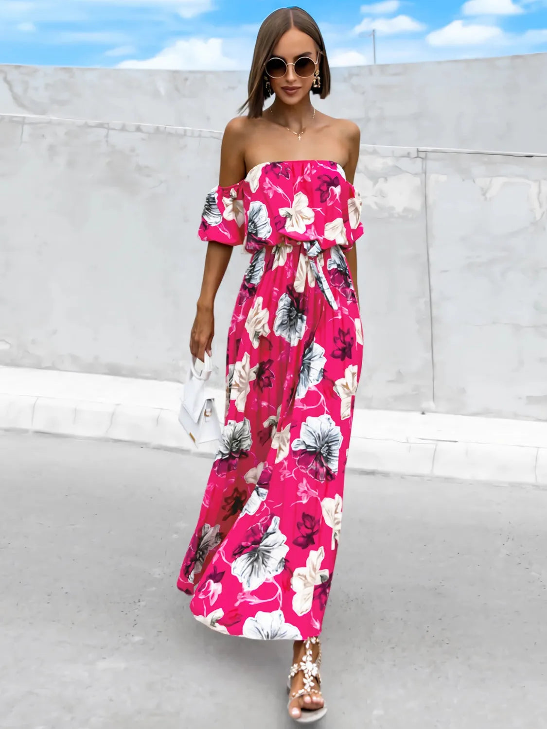 Pleated Floral Off-Shoulder Short Sleeve Midi Dress - Wellen Fashion