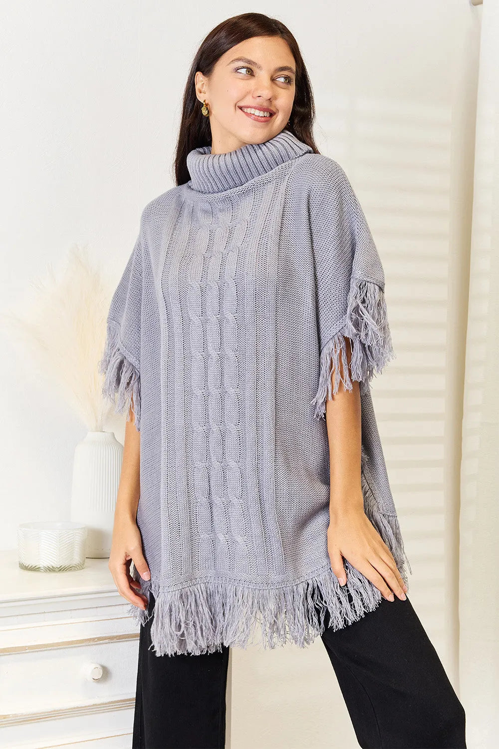 Justin Taylor Turtle Neck Fringe Poncho - Wellen Fashion