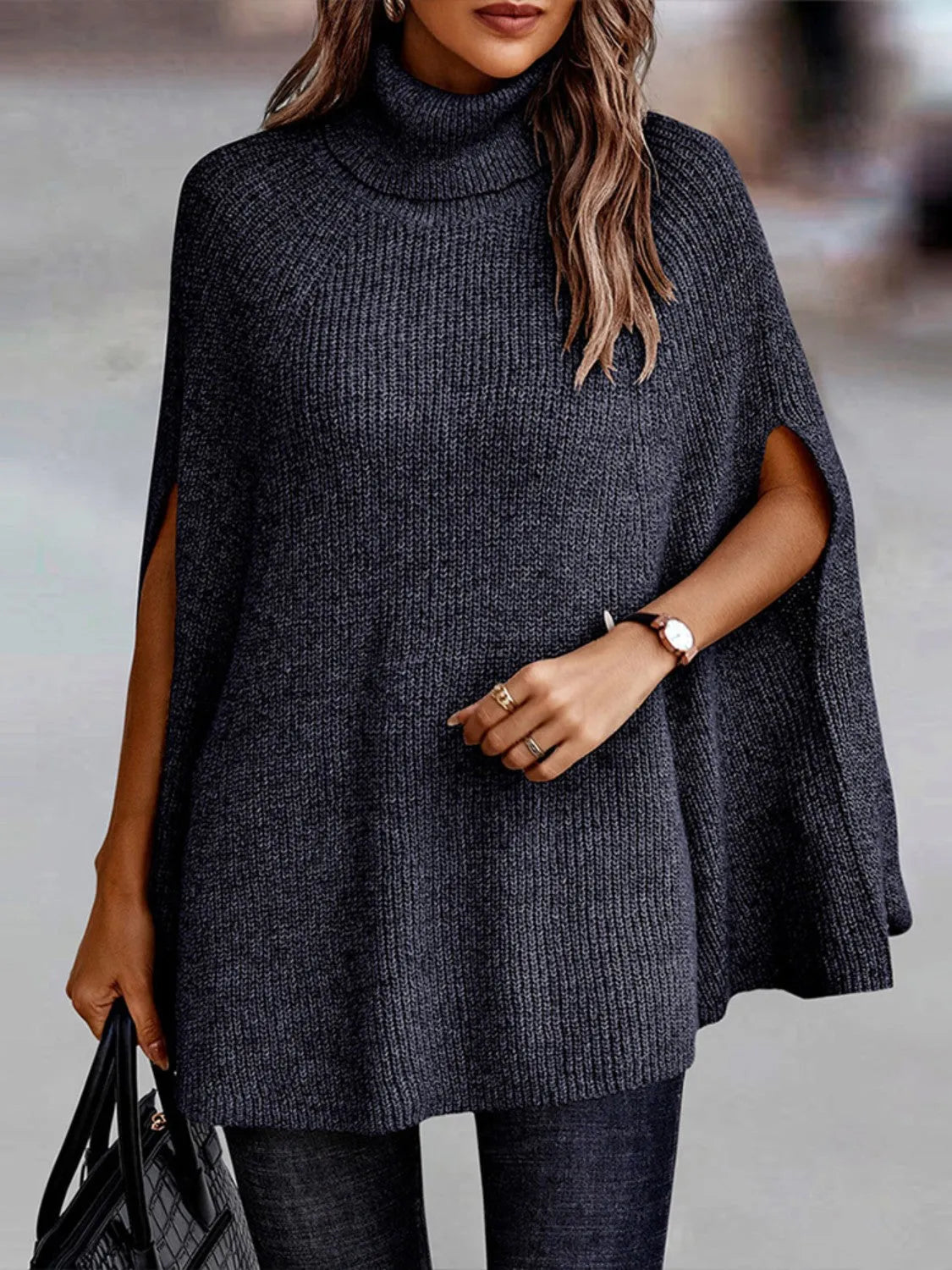 Turtleneck Dolman Sleeve Poncho - Wellen Fashion