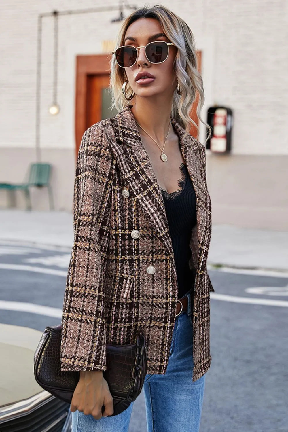 Full Size Plaid Buttoned Blazer - Wellen Fashion